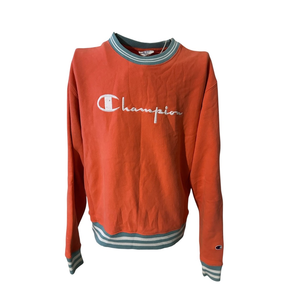 Champion Reverse Weave Sweatshirt Orange Blue Striped Trim Script Logo Medium